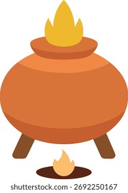 Olla de terracota con una llama ardiente, ilustración simple y aislada.