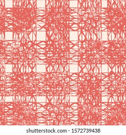 Terracotta Red and Beige Vector seamless check pattern. Allover pattern. Ink grunge grid. Hand drawn seamless check pattern. Graphic background with ethnic tartan. Seamless check pattern background.