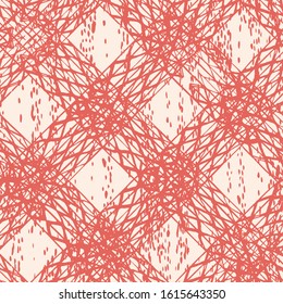 Terracotta Red and Beige Vector seamless check pattern. Allover pattern. Ink grunge grid. Hand drawn seamless check pattern. Graphic background with ethnic tartan. Seamless check pattern background.