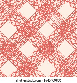 Vector color rojo y beige de Terracotta es un patrón de comprobación transparente. Patrón de realismo. Cuadrícula de grumos de tinta. Patrón de comprobación sin fisuras dibujado a mano. Fondo gráfico con origen étnico tartán. Fondo del patrón de comprobación sin problemas.