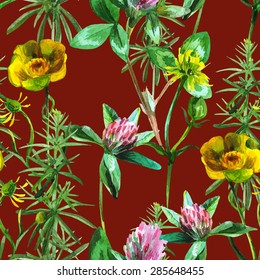 terracotta seamless pattern with watercolor hand drawn wildflowers