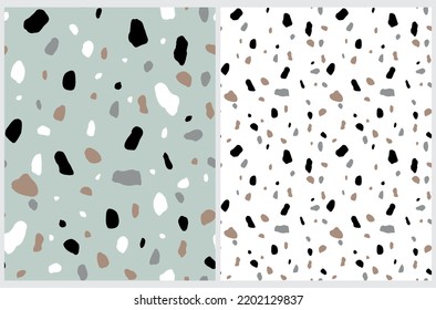 Terracotta Seamless Vector Patterns. Abstract Irregular Geometric Print with Brush Spots isolated on a Dusty Mint and White Background. Repeatable  Design with Brown, Gray, White and Black Spots.