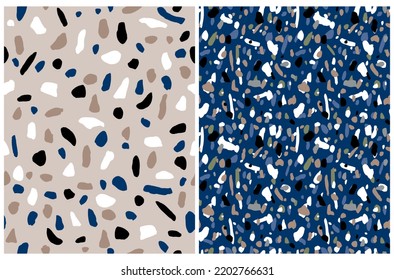 Terracotta Seamless Vector Patterns. Abstract Irregular Geometric Print with Brush Spots isolated on a Dusty Beige and Dark Blue Background. Repeatable  Design with Brown, Blue, White and Black Spots.