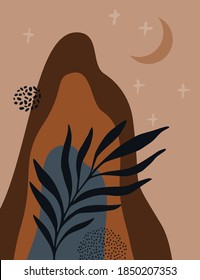 Terracotta sunset mountain landscape with tropical leaves. Modern boho decor wallpaper. Minimal asian landscape nature for print, home decor, digital art. Vector mid century style illustration