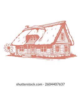 Terracotta Thatched Cottage Vector Illustration Design with Clean White Background
