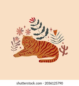Terracotta tiger abstraction minimalist design  Boho modern minimal wall art animal print  trendy flat style  Leaflet  poster layout  abstract shapes  grunge tropical flowers  brush drawing 