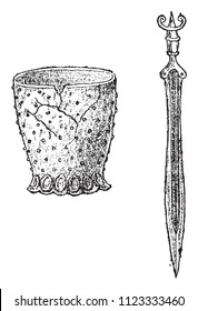 Terracotta vase, Epee in bronze, Of the lake dwellings of Switzerland, vintage engraved illustration. From Natural Creation and Living Beings.