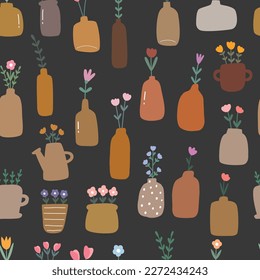 Terracotta vases with flower seamless patterns.  the design used for fabric, newborn apparel, textiles, and wallpaper vector illustration