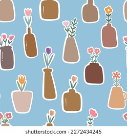 Terracotta vases with flower seamless patterns.  the design used for fabric, newborn apparel, textiles, and wallpaper vector illustration