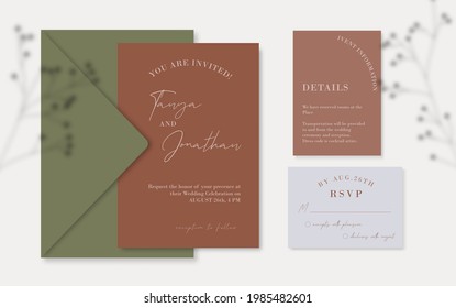 Terracotta wedding invitation set template with details and rsvp cards, Dusty rust and sage green invitation