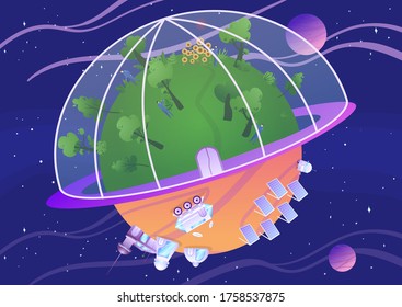 Terraforming, growing green planet under dome, colonization of planet, exploration of earth satellite, vector illustration. Futuristic space colony, making atmosphere, base for humans, spaceship.