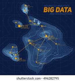 Terrain big data visualization. Futuristic map infographic. Information aesthetics. Visual data complexity. Complex topographical data graphic visualization. Abstract data on elevation graph.