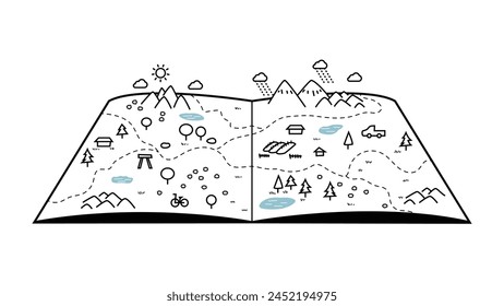 Ilustración vectorial de dibujos animados del terreno. Lindo mapa del terreno con montañas, tiendas, árboles, colinas, río.