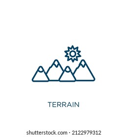 Terrain Icon. Thin Linear Terrain Outline Icon Isolated On White Background. Line Vector Terrain Sign, Symbol For Web And Mobile