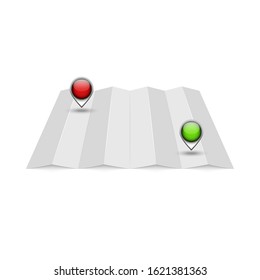 Terrain map empty mockup with two red and green location pins for get directions, an accordion folded by a realistic sheet of paper isolated on white, blank template