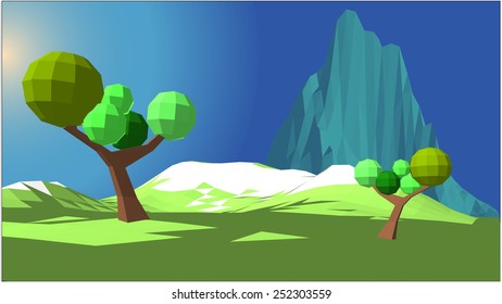 Terrain with trees and mountain in the background. Vector illustration in a low-polygonal style