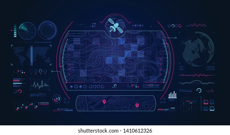 terrain view from satellite with digital radar interface, concept of communication technology