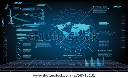 Terrain world map with digital radar interface.