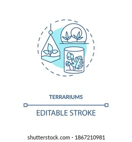 Terrarium blue concept icon. Succulent growing. Cactus in bottle. Home interior decoration. Biophilia idea thin line illustration. Vector isolated outline RGB color drawing. Editable stroke