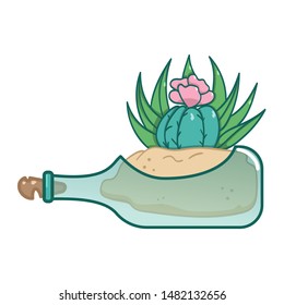 Terrarium with different succulents. House decoration, Cacti in a bottle. Beautiful set of dessert house plans in a glass jar. Illustration isolated on white - Vector.