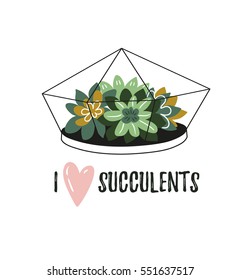 Terrarium with home plants  in scandinavian style with lettering - 'I love succulents' . Home decoration. Vector illustration with tropical flowers. 