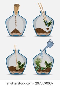 Terrarium Nature grüne Pflanze im Glasgarten, Pflanze auf Dekoration natürliche Botanik Vektorgrafik Illustration einzeln auf Weiß. Prozess des Anbaus eines Gartens in einer Flasche. Sukkulent, Baum, Blume