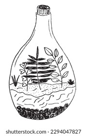 Terrarium outline illustration vector image. 
Hand drawn flower image artwork. 
Simple cute original logo of a monochrome flowers in terrarium.
Hand drawn illustration for posters, cards, t-shirts.