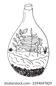 Terrarium outline illustration vector image. 
Hand drawn flower image artwork. 
Simple cute original logo of a monochrome flowers in terrarium.
Hand drawn illustration for posters, cards, t-shirts.