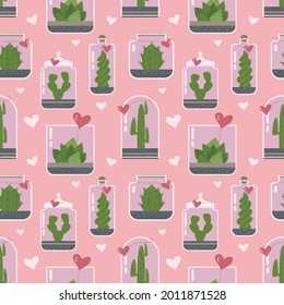 Terrarium plants seamless pattern. Cactus succulent florarium in glass vase with heart gift card, cute terrariums with exotic plants, cactus in the bottle for present green plants vector illustration