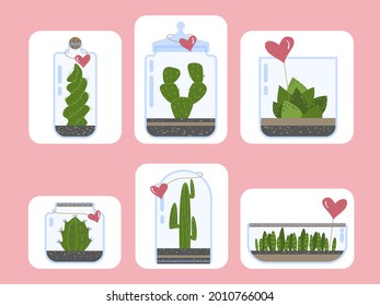 Terrarienpflanzenset. Cactus succulent florarium in Glasvase mit Herzkarte, süße Terrarien mit exotischen Pflanzen, Kaktus in der Flasche für die Gegenwart grüner Pflanzen Vektorgrafik