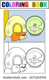 Terrarium for rodents. The hamster and mouse are playing. Set of coloring book and color picture. Vector illustration