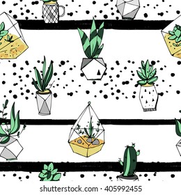 Terrarium seamless pattern. Succulents texture. Hand drawn minimalistic illustration. Scandinavian design with floral and grunge brush stroke elements 