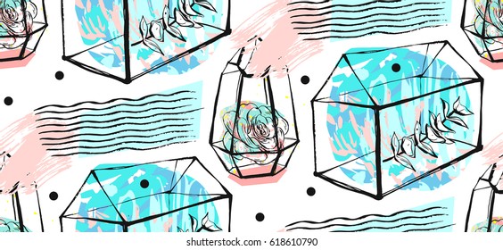 Terrarium seamless pattern. Succulents texture. Hand drawn minimalistic illustration. Scandinavian design with floral and geometric elements