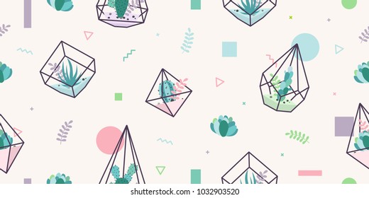 terrarium succulent cactus seamless pattern geometric glass interior flower plant background wallpaper