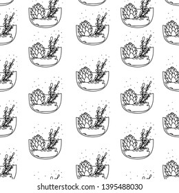 Terrarium with succulents in a bowl, minimalistic seamless pattern. Beautiful terrarium with echeveria. Isolated illustration - Vector.
