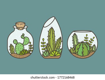 Terrarium Vector Illustration. Cactus And Succulent Terrarium Pot Illustration.