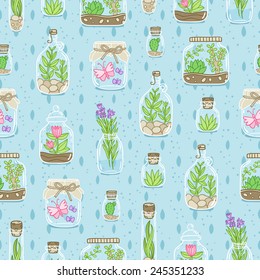 Terrariums on blue background, vector seamless pattern 