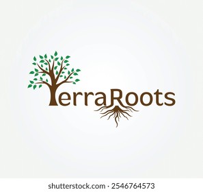 TerraRoots Logo Design Featuring a Tree with Green Leaves and Root Symbol Perfect for Eco Friendly and Sustainable Brands