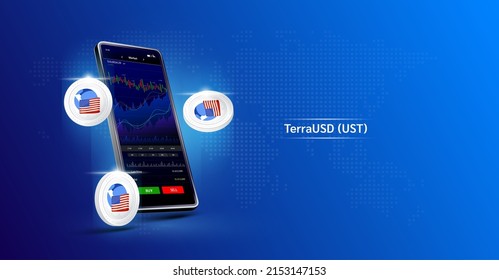 TerraUSD and Phone. App for trading crypto currency on the touch screen smartphone. Data analytics stock market. Trends and financial strategy. Mobile banking cryptocurrency. Vector 3d. 