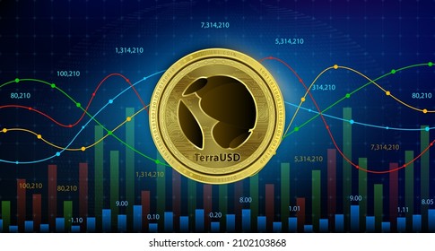 TerraUSD UST Coin 3D Vector illustration. Symbol of modern digital gold and money. Cryptocurrency blockchain (crypto currency). Silver golden virtual  alternative currency with growth share chart. 