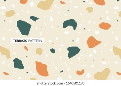 Terrazo modern print background. Different shapes seamless pattern. Burnt orange trendy warm terracotta color palette. Vector illustration.