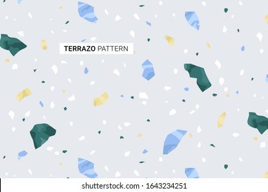 Terrazo modern print background. Different shapes seamless pattern. Trendy blue color palette. Vector illustration.