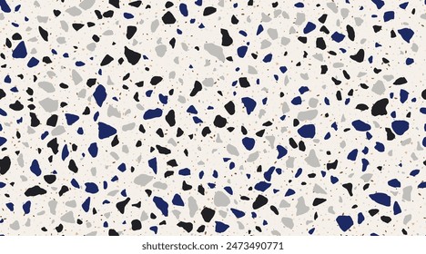 Terrazo mosaic ceramic tile pattern, marble stone texture. Black, blue and grey terazzo ceramic background. Vector blend of marble, granite and glass chips, speckled surface, terazo flooring or wall