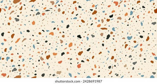 Patrón de azulejos de mosaico de terrazo, textura de piso de mármol de cerámica de terazzo, fondo de piedra de terazo. Adorno vectorial con una mezcla cautivadora de coloridas virutas dentro de una superficie sin fisuras que crea un suelo elegante