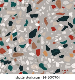 Terrazzo abstract background illustration. Trendy seamless pattern with stone and rock texture in grey, red and dark green colors