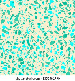 Terrazzo abstract seamless pattern. Flooring cyan background. Colorful texture of natural stone, granite, quartz, marble, glass. Colored tiles illustration. Modern surface - Vector