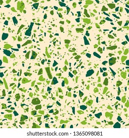 Terrazzo abstract seamless pattern. Flooring green background. Colorful texture of natural stone, granite, quartz, marble, glass. Colored tiles illustration. Modern surface - Vector
