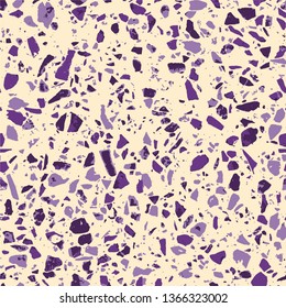 Terrazzo abstract seamless pattern. Flooring purple background. Bright texture of colorful natural stone, granite, quartz, marble, glass. Vintage tiles illustration. Modern surface - Vector