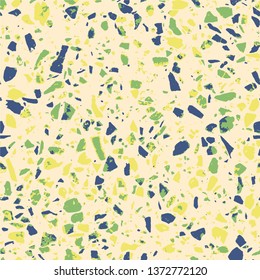Terrazzo abstract seamless pattern. Flooring yellow background. Texture of colorful natural stone, granite, quartz, marble, glass. Vintage tiles illustration. Modern surface - Vector
