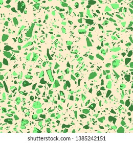 Terrazzo abstract seamless pattern. Flooring green background. Colorful texture of natural stone, granite, quartz, marble, glass. Colored tiles illustration. Modern surface - Vector